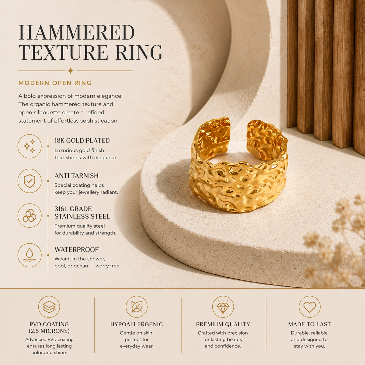 Joū textured sculptural band ring showing its organic texture, open design and gold-tone finish