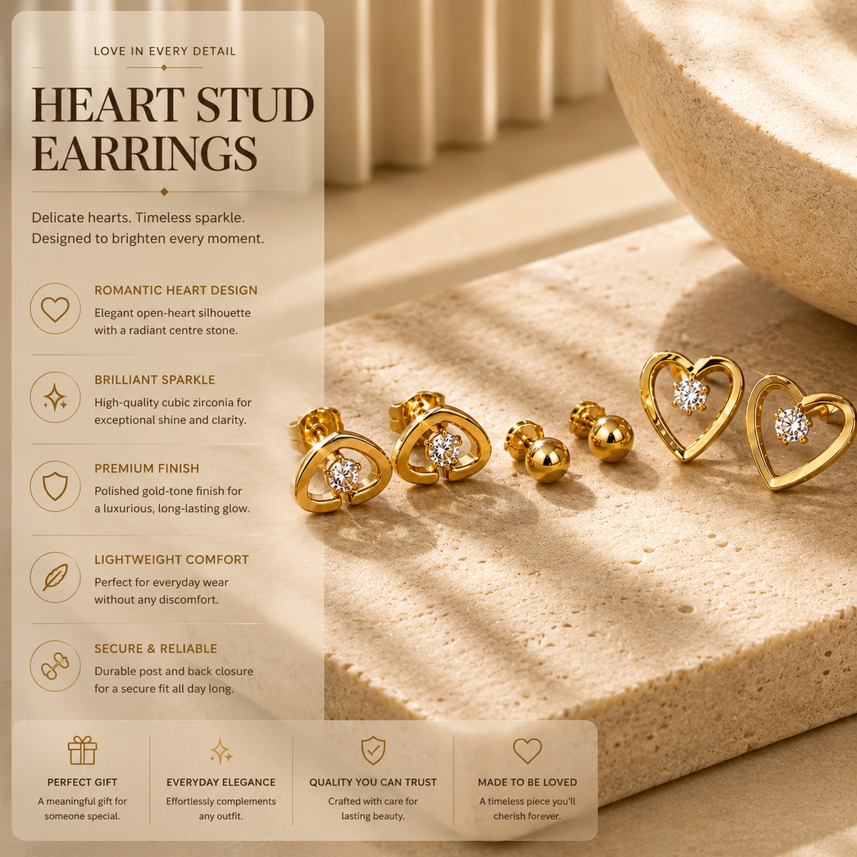 Celestine Studs by JouJule heart-shaped earring design details and features