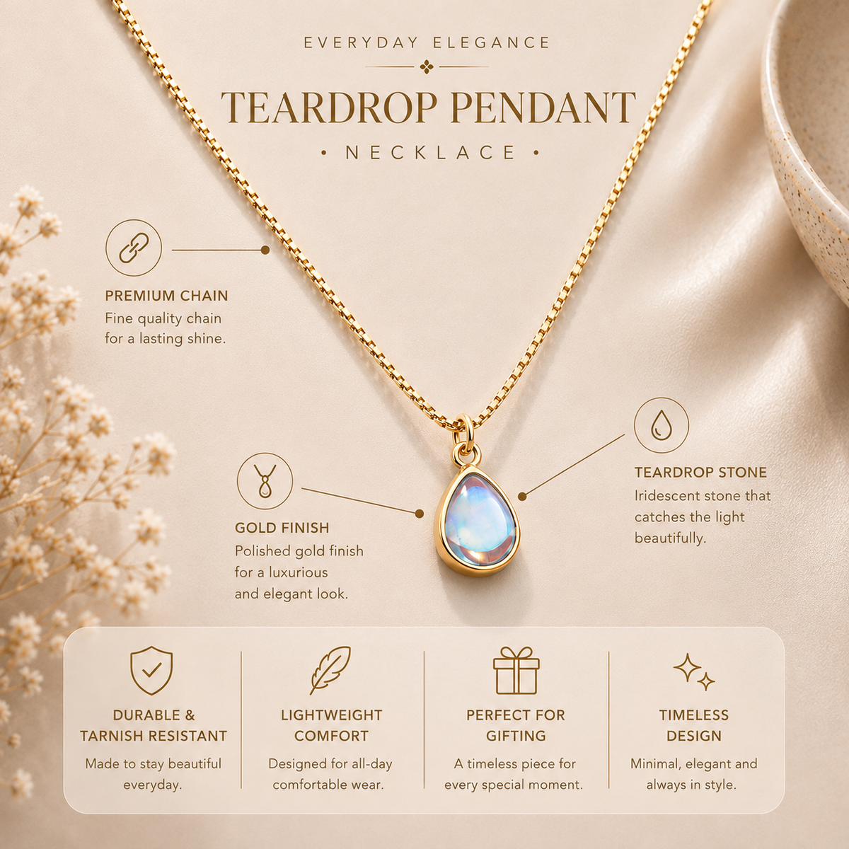 Facet Link by JouJule gold-tone chain necklace design details and teardrop pendant