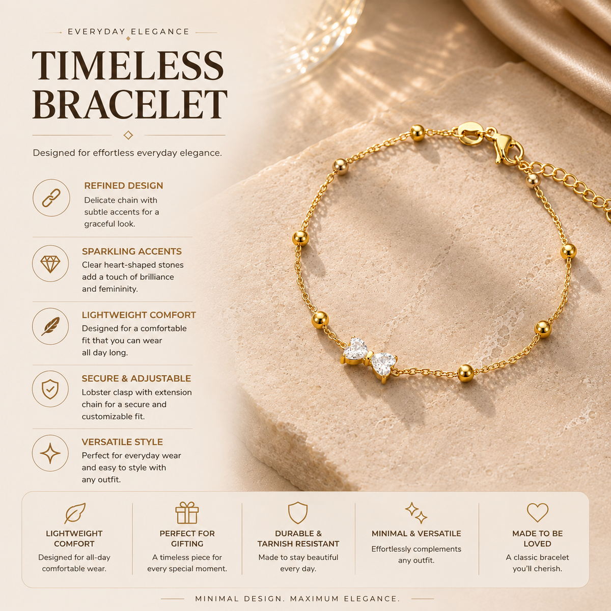 Joū Bangle by JouJule gold-tone beaded bracelet design details and heart centerpiece