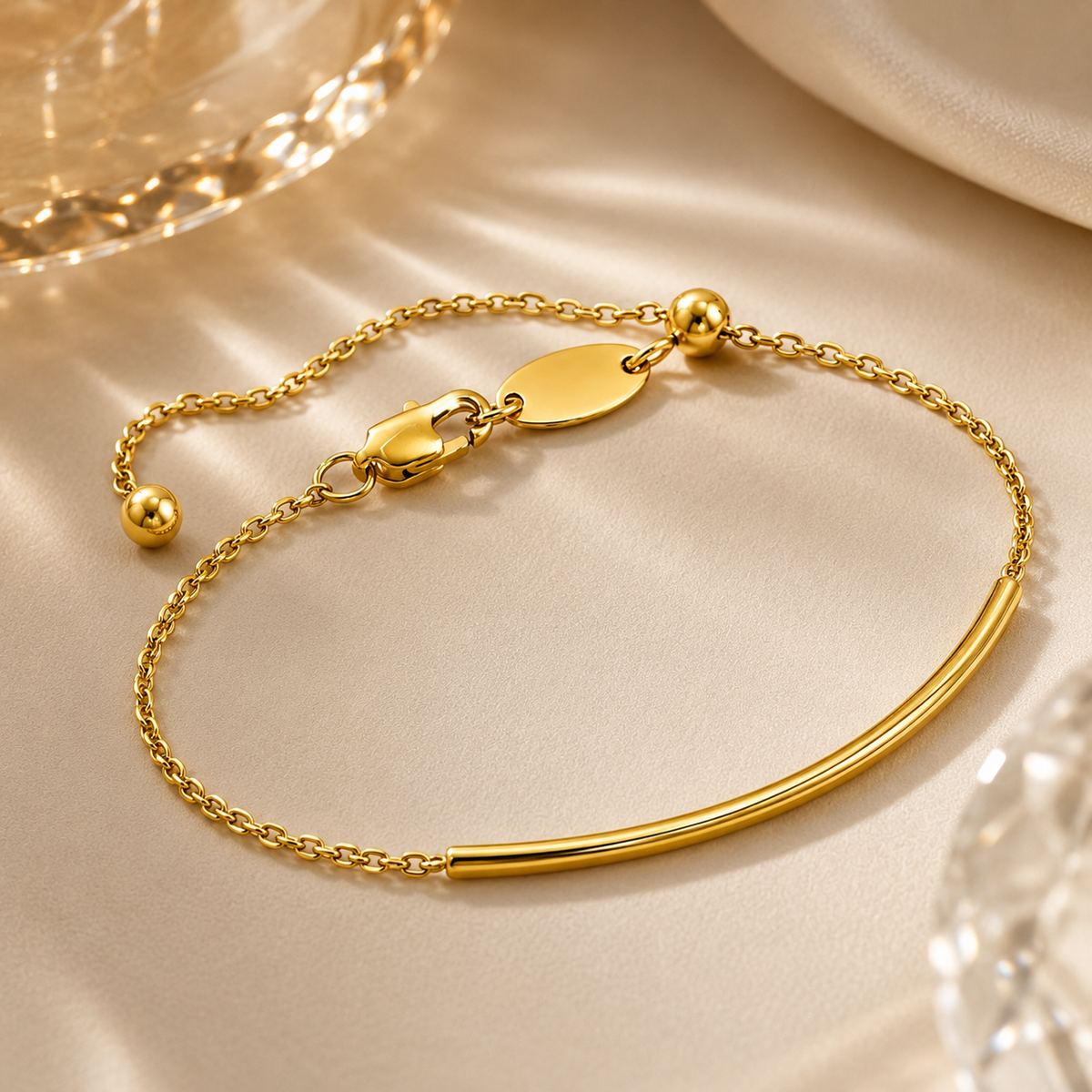 Joū Cuff by JouJule, minimalist gold-tone cuff bracelet with curved bar and delicate chain
