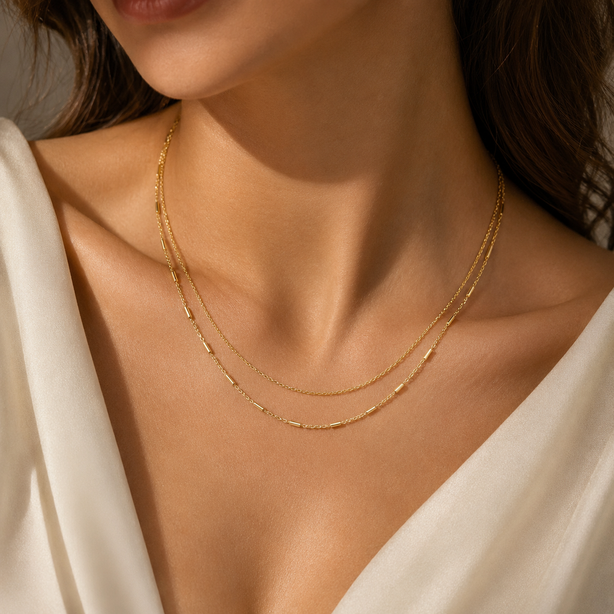 Joū Link by JouJule gold-tone chain necklace styled on model