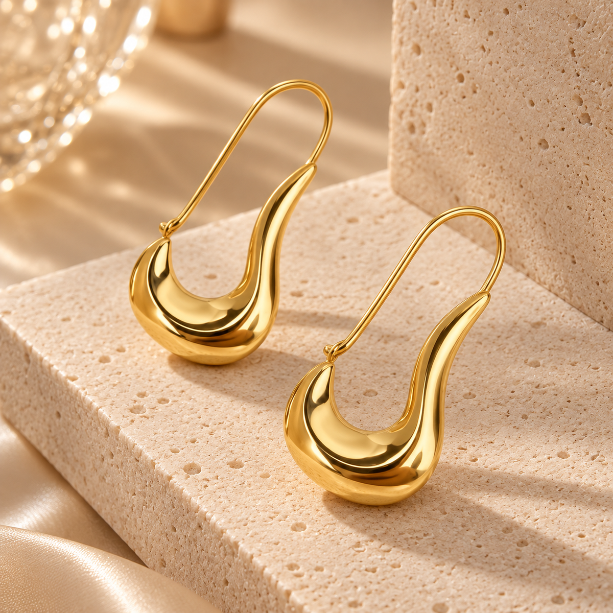 A pair of polished gold crescent-shaped hoop earrings displayed on a textured beige stone block with warm, soft lighting.