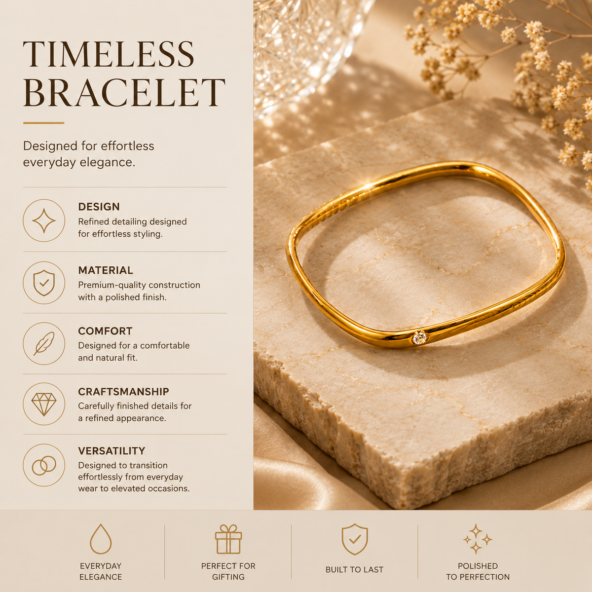 Linear Bracelet by JouJule gold-tone chain bracelet design details and central bar features