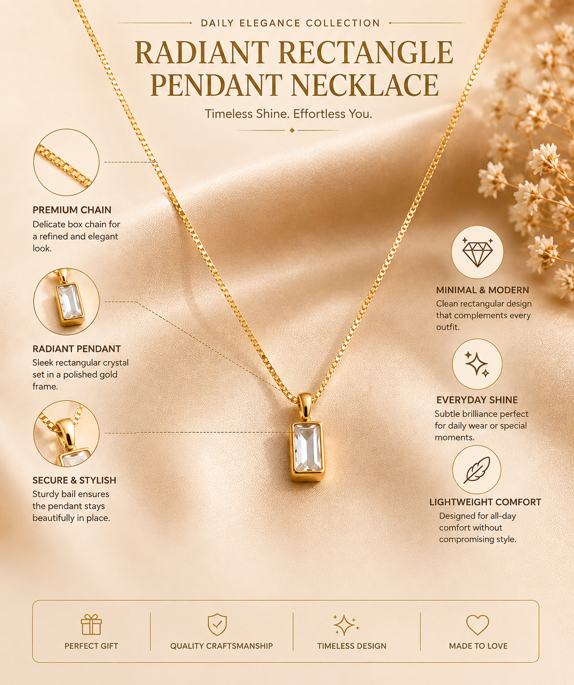 Linear Chain by JouJule gold-tone necklace design details and rectangular pendant features