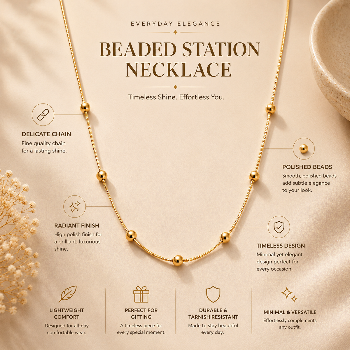 Marlowe Link by JouJule gold-tone beaded chain necklace design details and bead accents