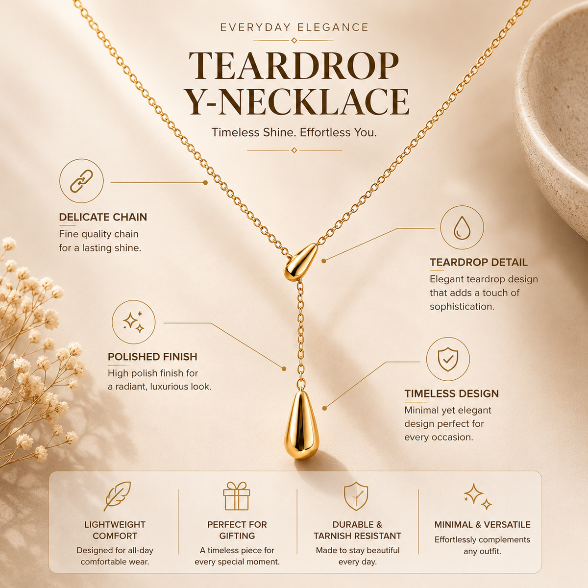 Solstice Chain by JouJule gold-tone Y-drop chain necklace design details and teardrop features